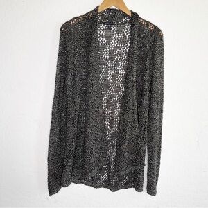 Eileen Fisher Metallic Crochet Knit Open Front Cardigan Cotton Linen